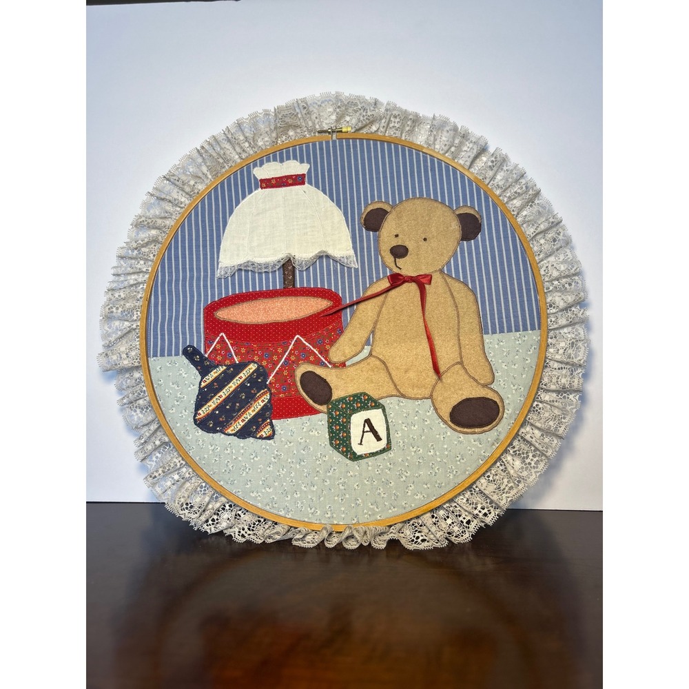 Vintage Handmad Teddy Bear Toy Nursery Applique Embroidery Hoop Wall Hanging 12"